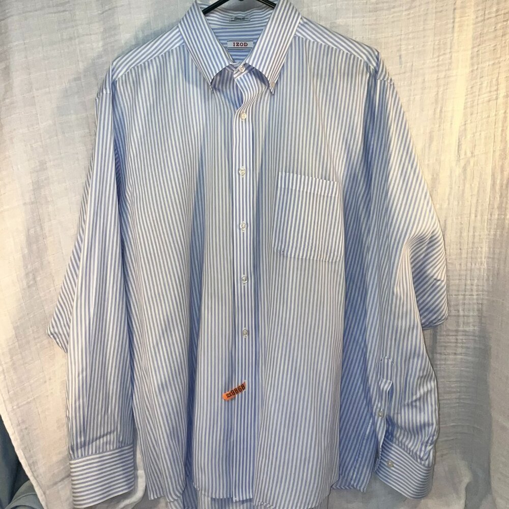IZOD Mens Size 2XL Oxford Long-Sleeve Shirt - Blue/White Pin Striped - EXCELLENT
